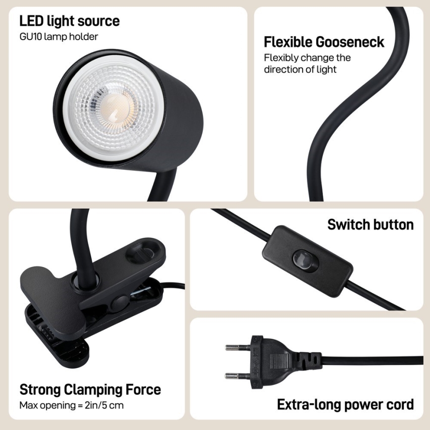 Lampe flexible à pince PUNTO 1xGU10/9W/230V noire