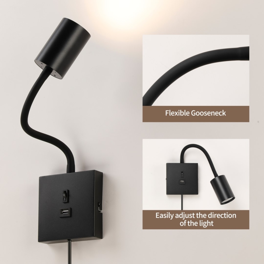Lampe murale PUNTO avec port USB 1xGU10/9W/230V noire
