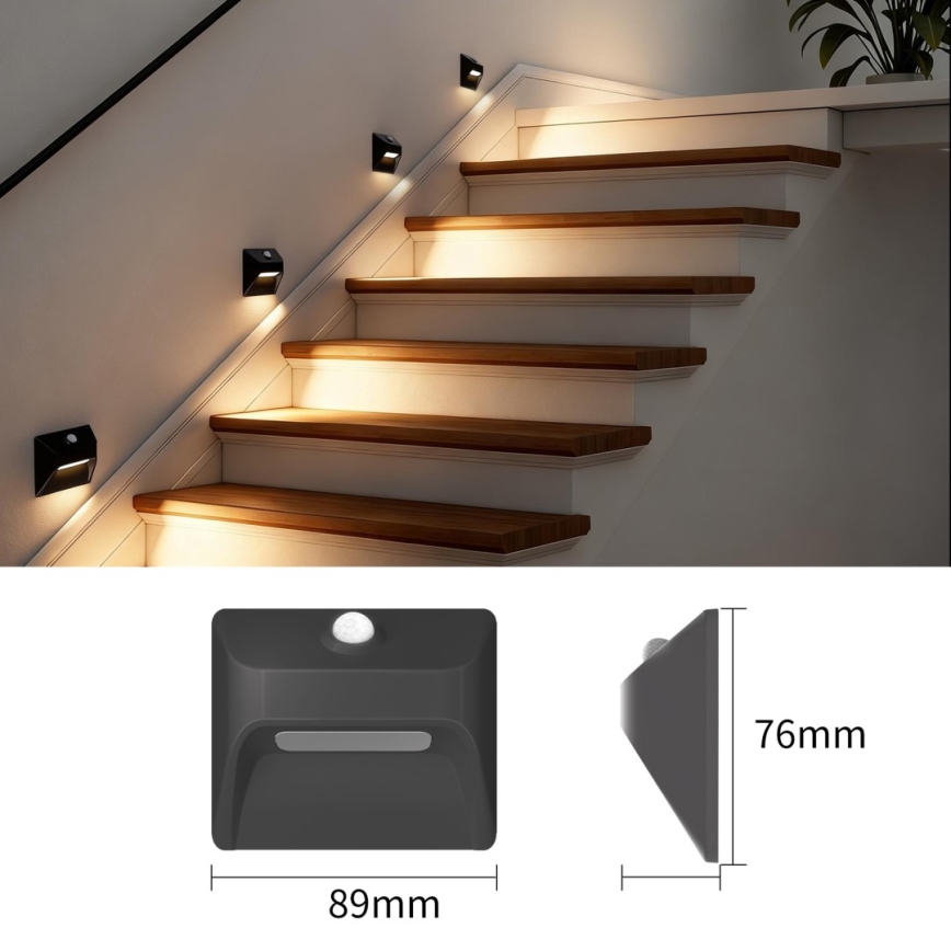 Luminaire d'escalier LED rechargeable avec détection de mouvement et capteur crépusculaire STEP LIGHT LED/0,3W/3,7V 2200 mAh IP53 noir