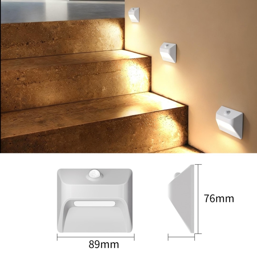 Immax 08308L - Luminaire d'escalier LED rechargeable avec capteur de mouvement et capteur crépusculaire STEP LIGHT LED/0,3W/3,7V 2200 mAh IP53 blanc