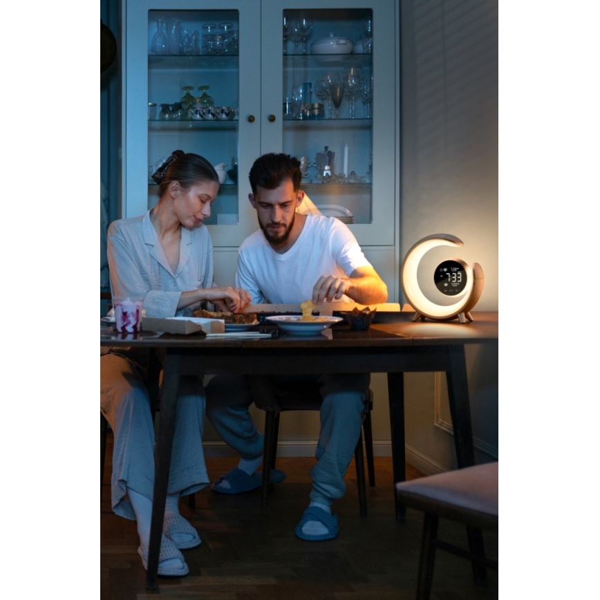 LED RGBW Lampe de table à intensité variable avec réveil PEACOCK LED/20W/5V USB