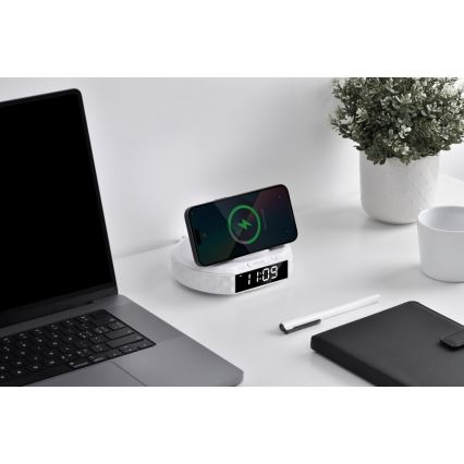 Réveil avec écran LCD et chargeur sans fil Qi 27W/9V 220 mAh blanc