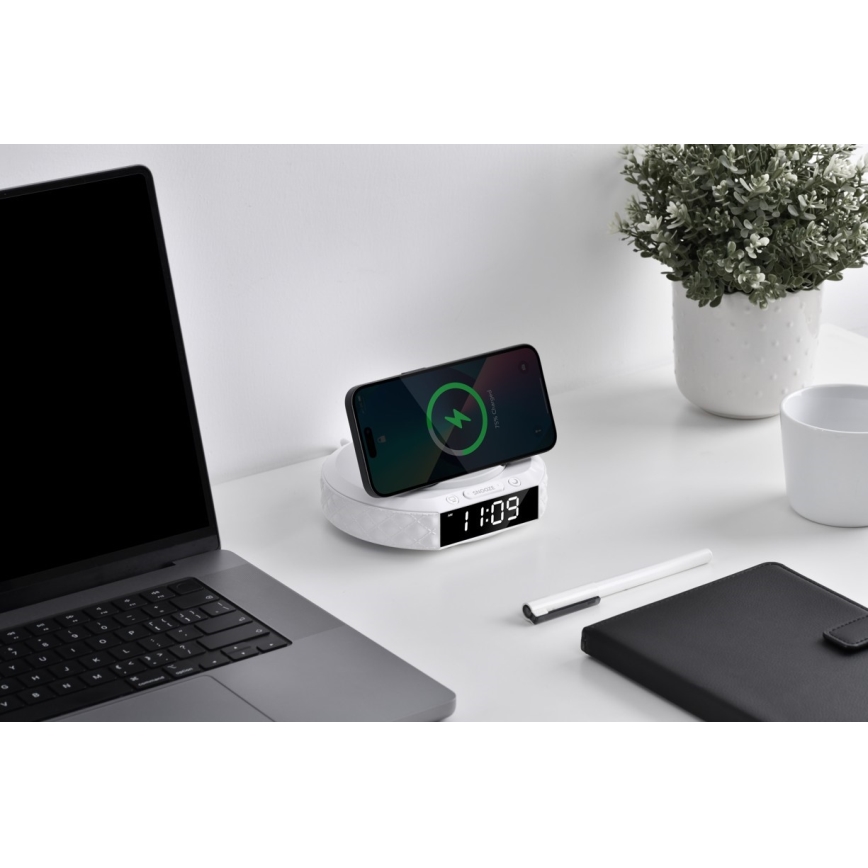 Réveil avec écran LCD et chargeur sans fil Qi 27W/9V 220 mAh blanc