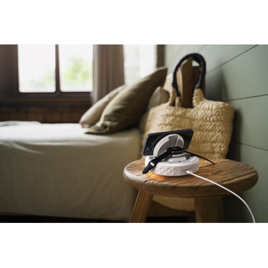 Réveil avec écran LCD et chargeur sans fil Qi 27W/9V 220 mAh blanc