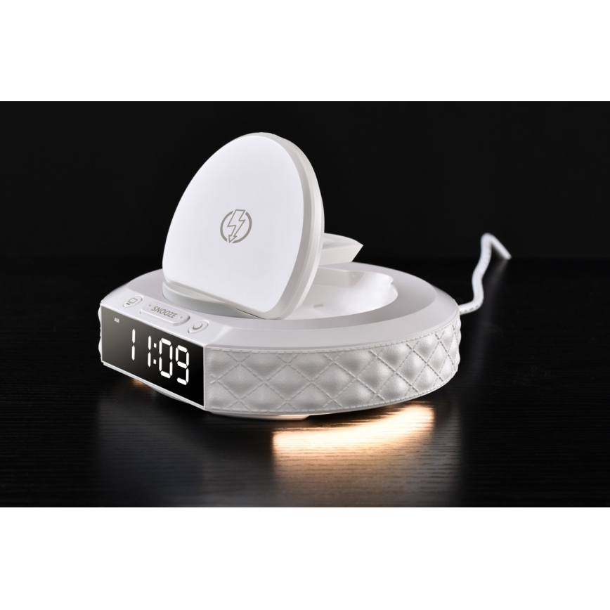 Réveil avec écran LCD et chargeur sans fil Qi 27W/9V 220 mAh blanc