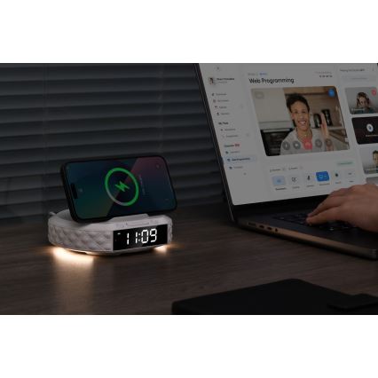 Réveil avec écran LCD et chargeur sans fil Qi 27W/9V 220 mAh blanc