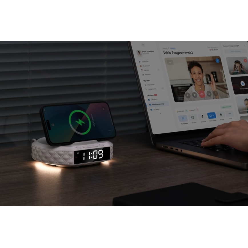 Réveil avec écran LCD et chargeur sans fil Qi 27W/9V 220 mAh blanc