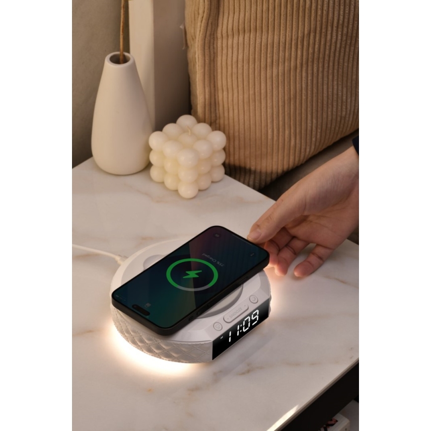 Réveil avec écran LCD et chargeur sans fil Qi 27W/9V 220 mAh blanc