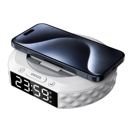 Réveil avec écran LCD et chargeur sans fil Qi 27W/9V 220 mAh blanc