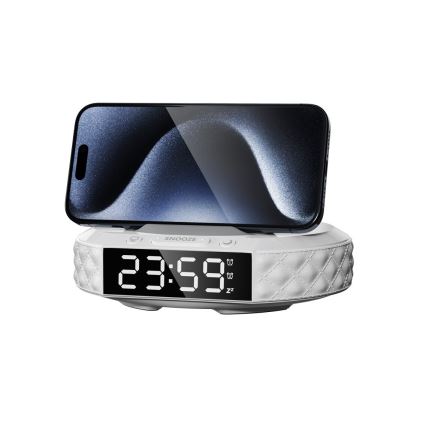 Réveil avec écran LCD et chargeur sans fil Qi 27W/9V 220 mAh blanc