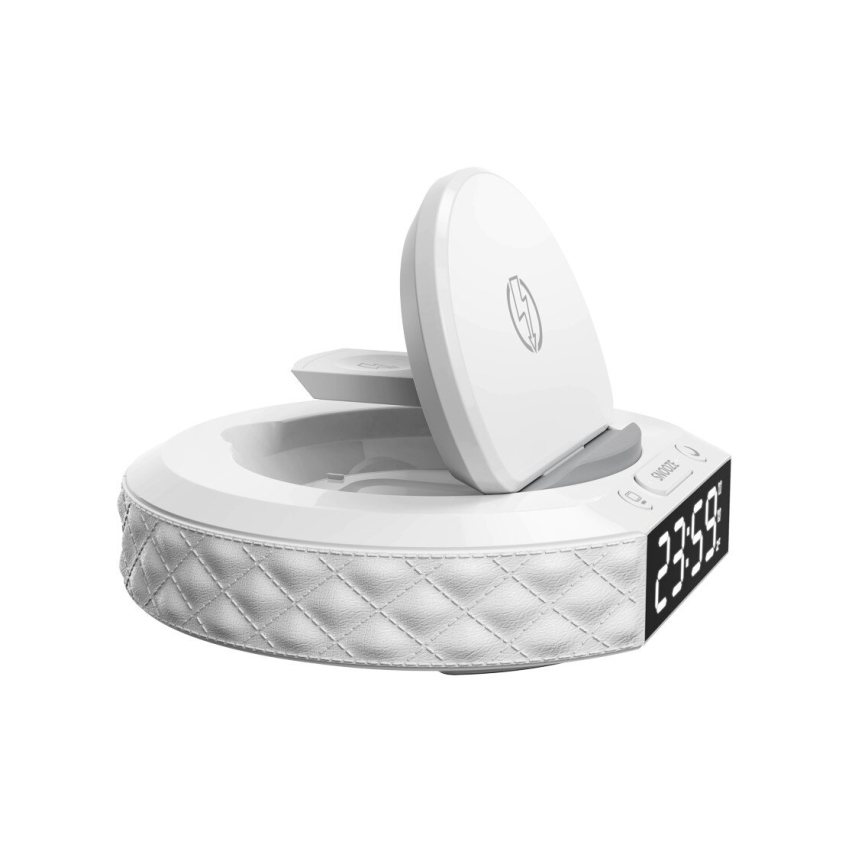 Réveil avec écran LCD et chargeur sans fil Qi 27W/9V 220 mAh blanc