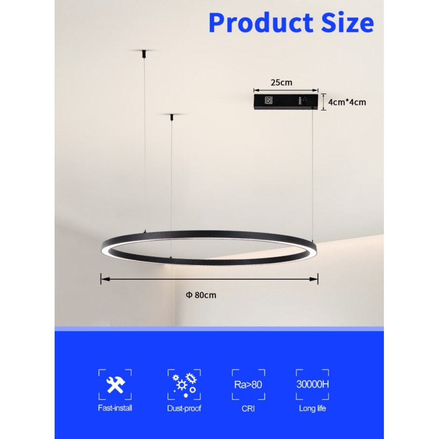 Immax NEO 07215L - Suspension filaire à intensité variable FINO LED/60W/230V 80 cm noir Tuya + télécommande