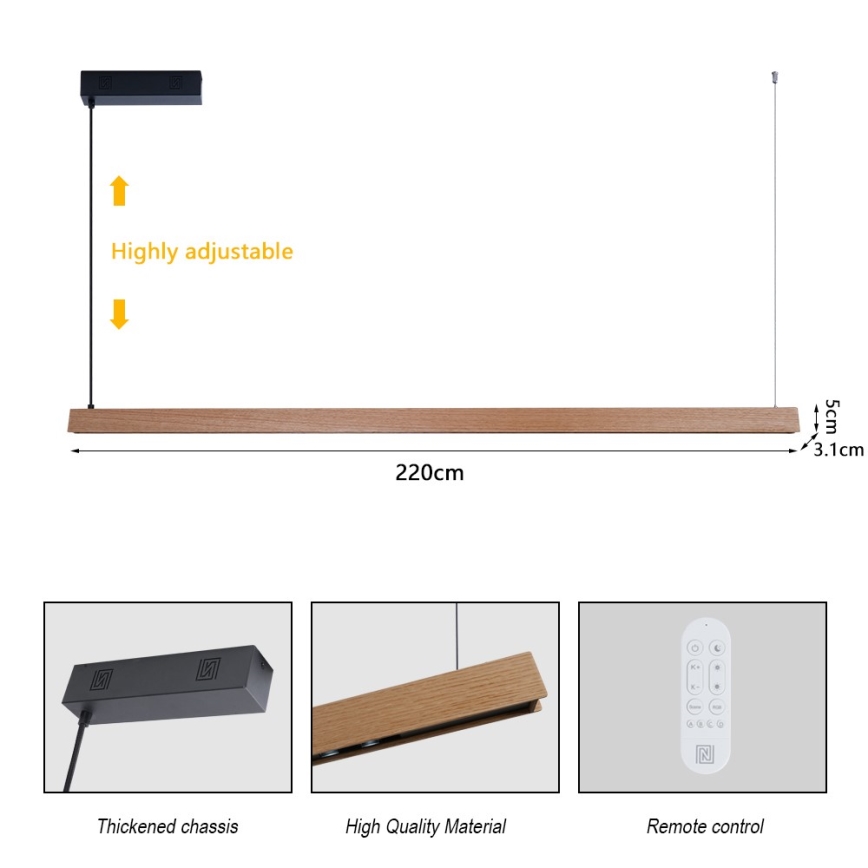 Immax NEO 07305L - Suspension LED dimmable sur câble MADEIRA LED/44W/230V Wi-Fi Tuya 202 cm chêne + télécommande