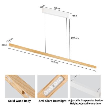 Immax NEO 07310L - Suspension LED dimmable sur câble avec capteur MADEIRA LED/37W/230V 157 cm en frêne