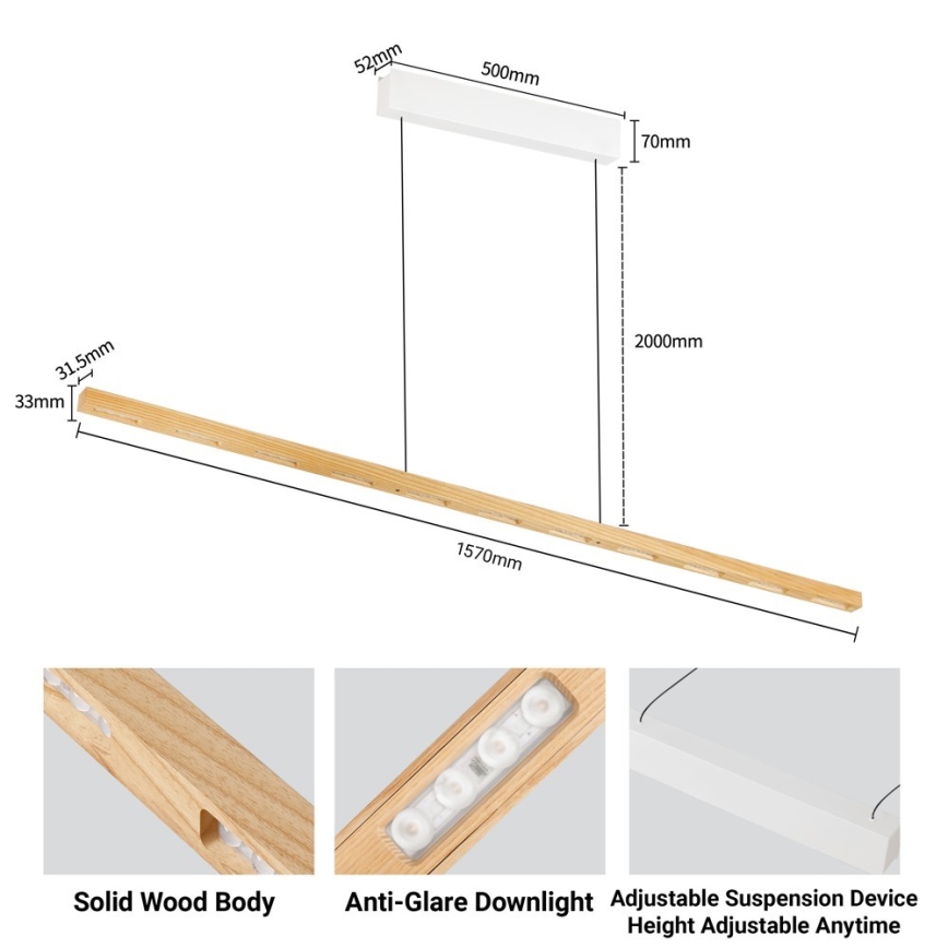 Immax NEO 07310L - Suspension LED dimmable sur câble avec capteur MADEIRA LED/37W/230V 157 cm en frêne