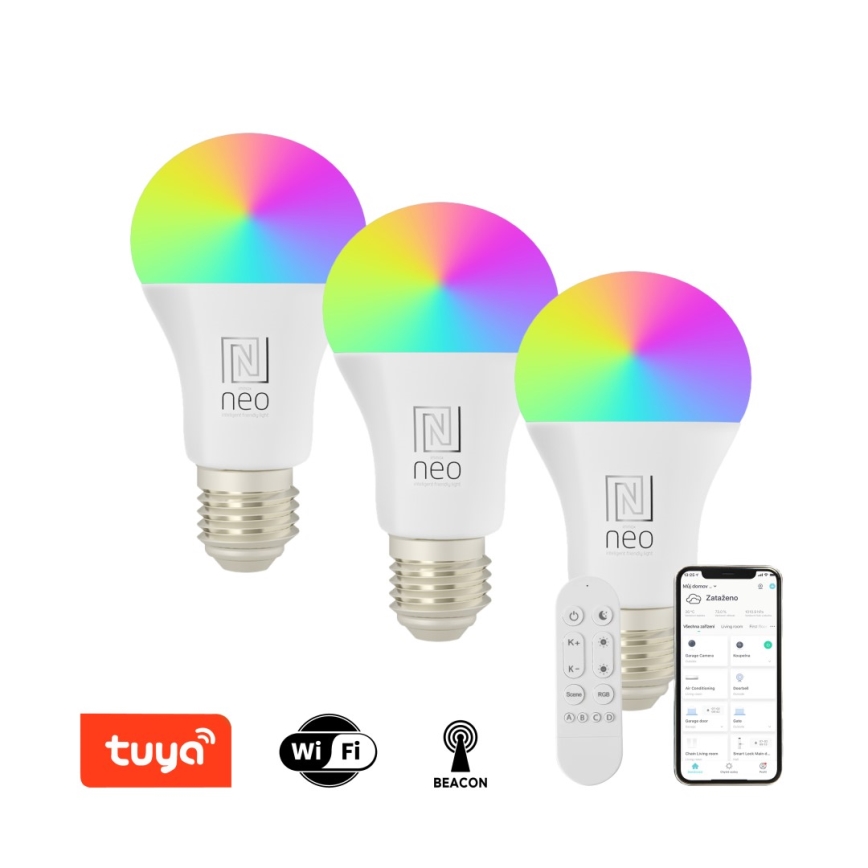 Immax NEO 07712CDO - LOT x3 Ampoule à intensité variable LED RGB+CCT E27/9W/230V Wi-Fi Tuya + télécommande