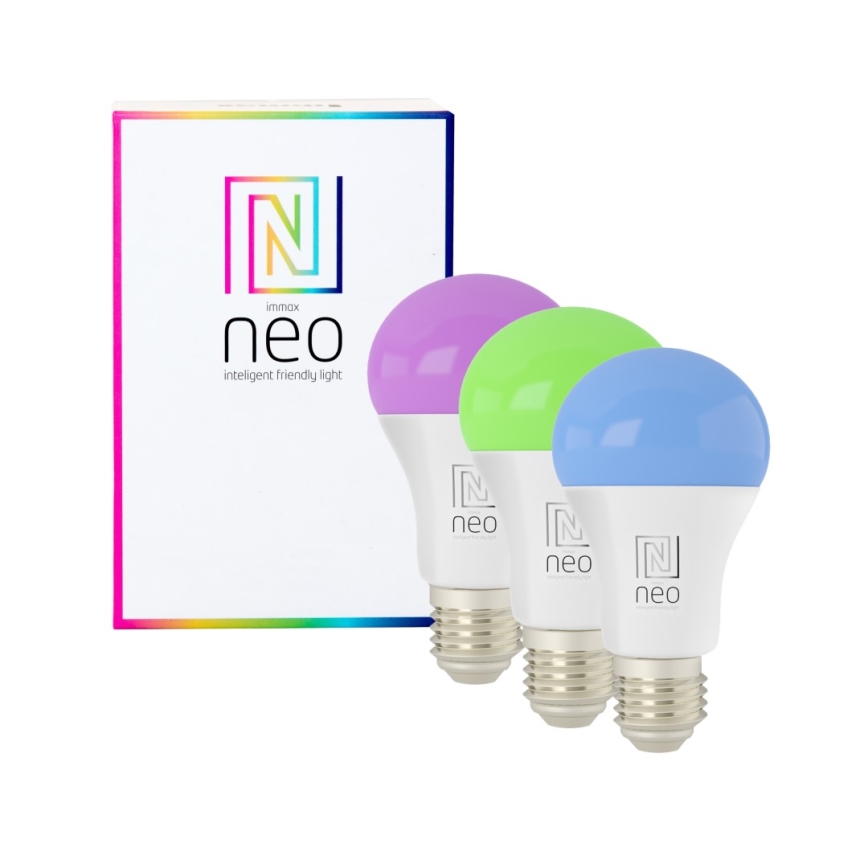 Immax NEO 07712CDO - LOT x3 Ampoule à intensité variable LED RGB+CCT E27/9W/230V Wi-Fi Tuya + télécommande