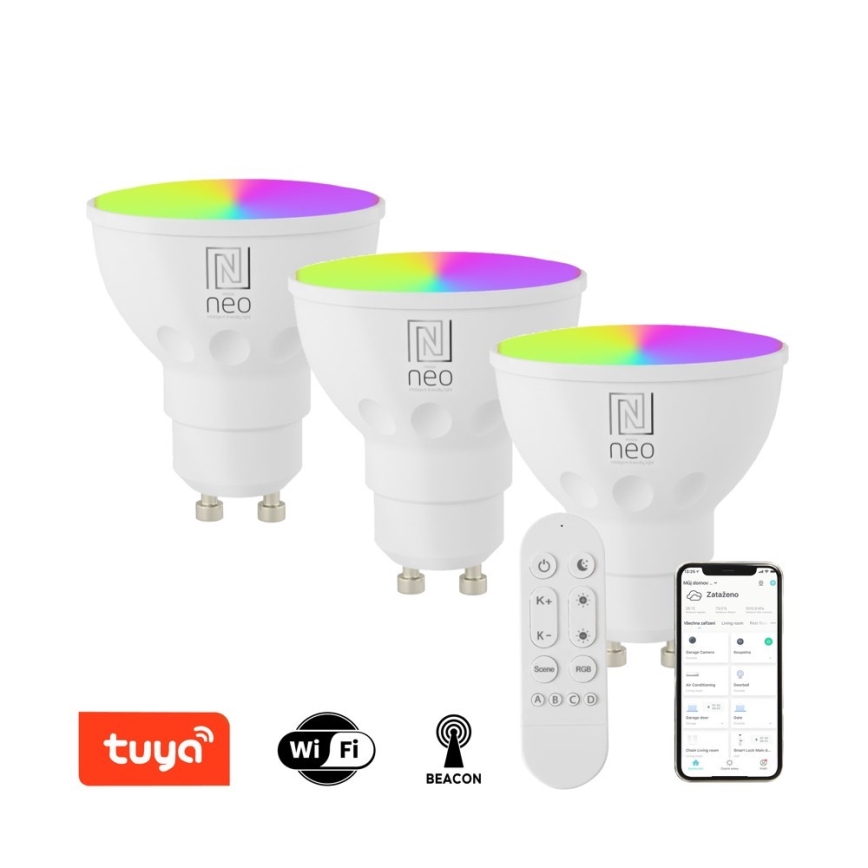 Immax NEO 07724CDO - Lot de 3 ampoules LED RGB+CCT dimmables GU10/4,8W/230V 2700-6500K Wi-Fi Tuya + télécommande