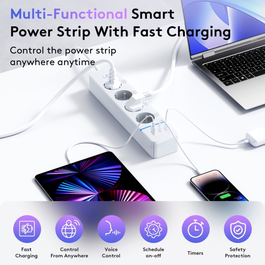Immax NEO 07821L - Multiprise NEO LITE Smart 4 prises secteur + 1 port USB + 2 ports USB‑C, Wi‑Fi