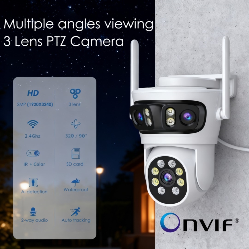 Immax NEO 07823L - Caméra extérieure intelligente avec capteurs 2MP+2MP+2MP, alimentation 5V, compatible Tuya Wi-Fi