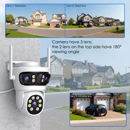 Immax NEO 07823L - Caméra extérieure intelligente avec capteurs 2MP+2MP+2MP, alimentation 5V, compatible Tuya Wi-Fi