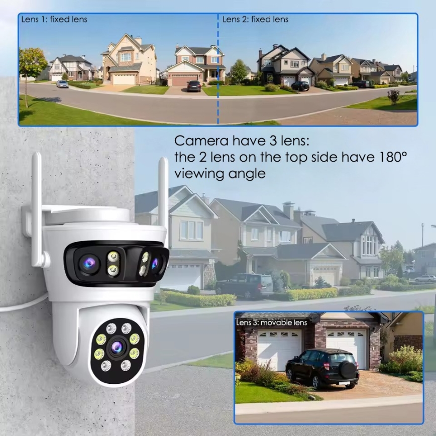 Immax NEO 07823L - Caméra extérieure intelligente avec capteurs 2MP+2MP+2MP, alimentation 5V, compatible Tuya Wi-Fi