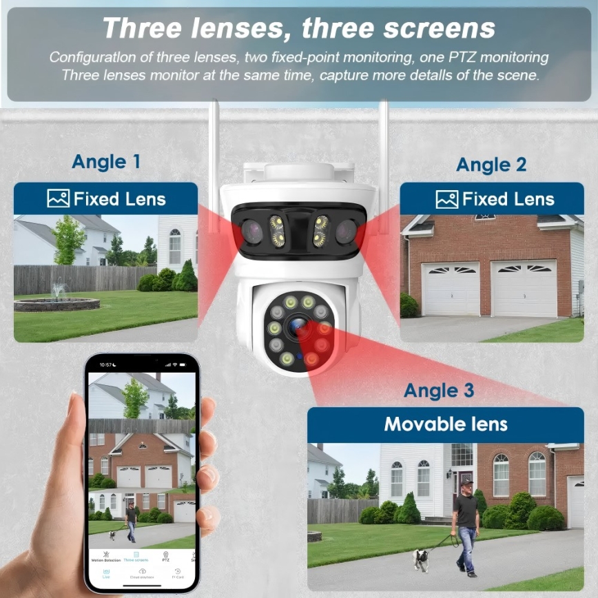 Immax NEO 07823L - Caméra extérieure intelligente avec capteurs 2MP+2MP+2MP, alimentation 5V, compatible Tuya Wi-Fi