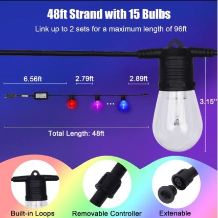 Guirlande LED RGB+CCT à intensité variable GUIRLANDE 15xLED/1W/230V 15m Wi-Fi Tuya IP65 + télécommande