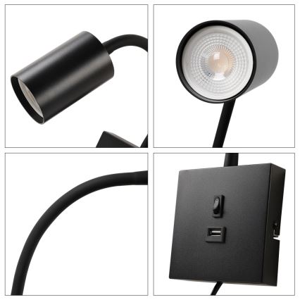 Immax NEO 08295L - Applique murale PUNTO avec port USB 1xGU10/9W/230V noire