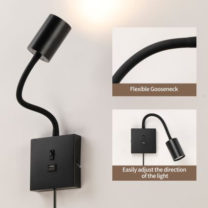 Immax NEO 08295L - Applique murale PUNTO avec port USB 1xGU10/9W/230V noire