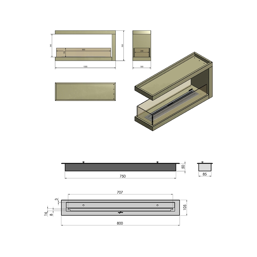 InFire - Cheminée BIO d'angle 100x50 cm 3kW bifacial