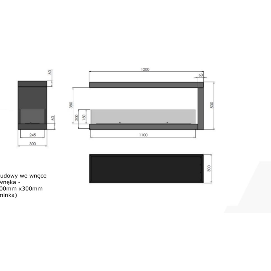 InFire - Cheminée BIO d'angle 120x50 cm 3kW bifacial