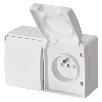 Interrupteur intérieur va-et-vient n° 6 avec prise 250V/16A IP44 blanc