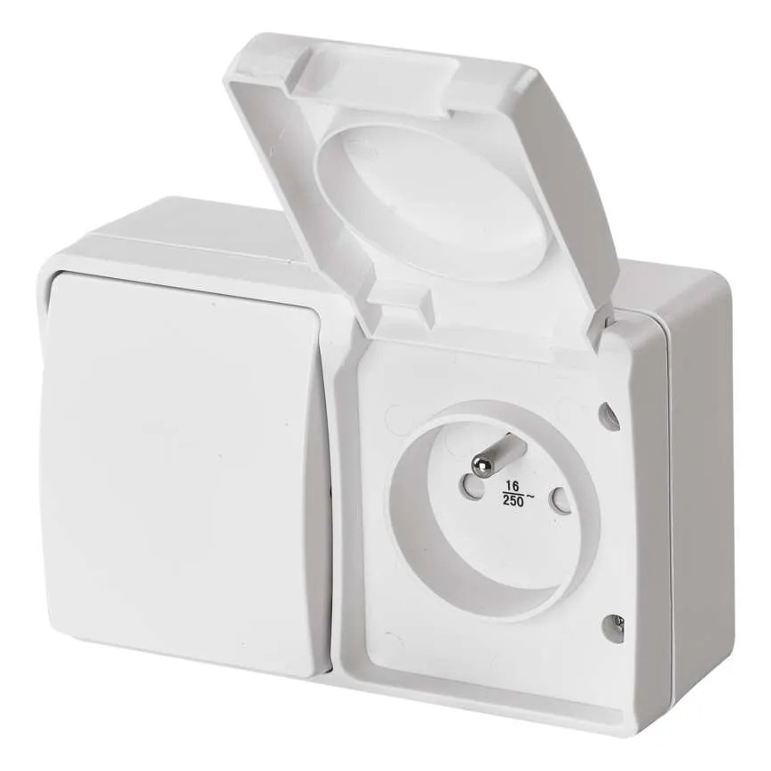 Interrupteur intérieur va-et-vient n° 6 avec prise 250V/16A IP44 blanc