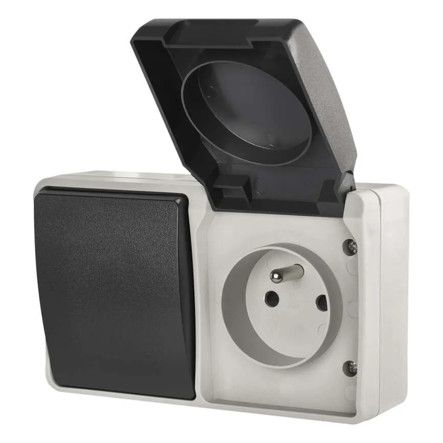Interrupteur intérieur va-et-vient n° 6 avec prise 250V/16A IP44 gris