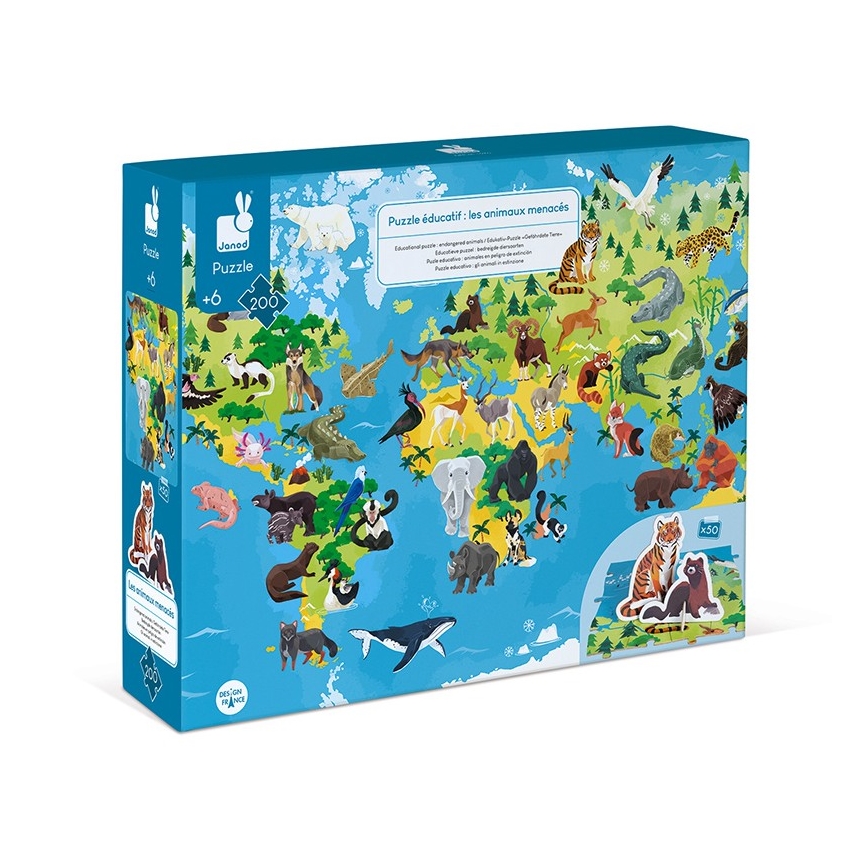 Janod - Puzzle éducatif pour enfants 200 pcs animaux en voie de disparition