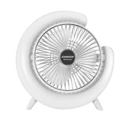 JOHNSON - Ventilateur de table rechargeable DEL RVB multicolore / 5 W / 3,7 V / 1200 mAh Ø 14 cm blanc