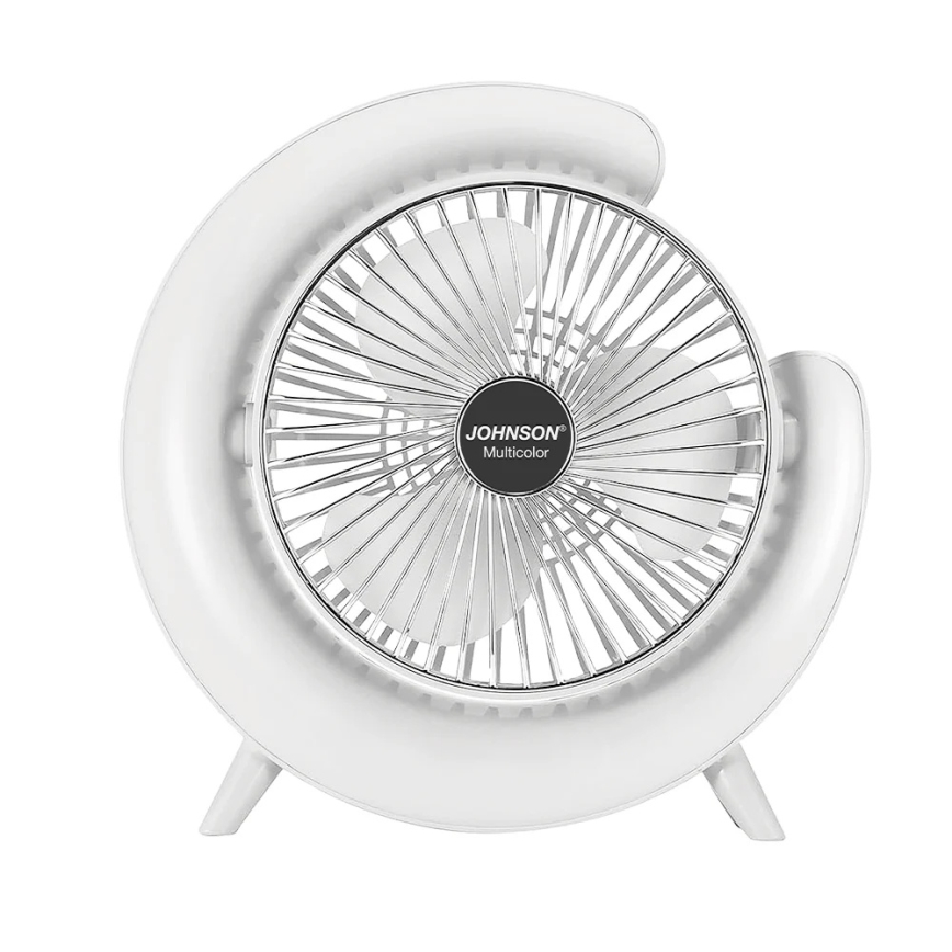 JOHNSON - Ventilateur de table rechargeable DEL RVB multicolore / 5 W / 3,7 V / 1200 mAh Ø 14 cm blanc