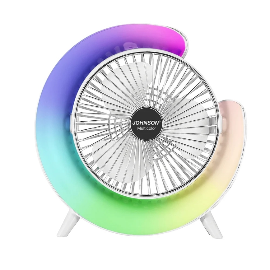 JOHNSON - Ventilateur de table rechargeable DEL RVB multicolore / 5 W / 3,7 V / 1200 mAh Ø 14 cm blanc