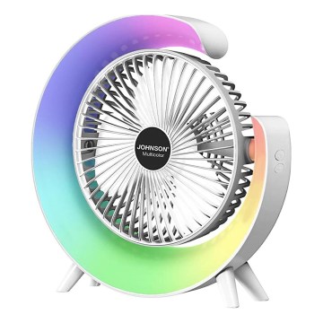 JOHNSON - Ventilateur de table rechargeable DEL RVB multicolore / 5 W / 3,7 V / 1200 mAh Ø 14 cm blanc