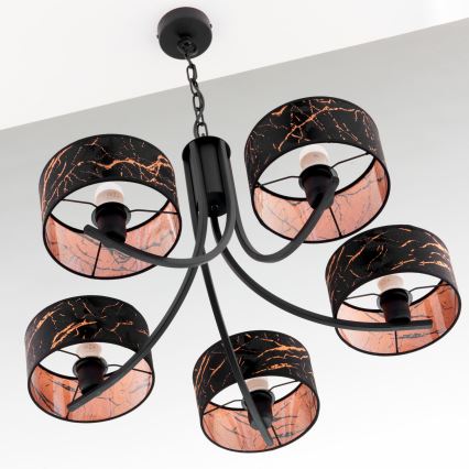 Jupiter 2107 - Lustre suspendu par chaîne ARTHUR 5xE27/15W/230V noir/orange/décor marbre