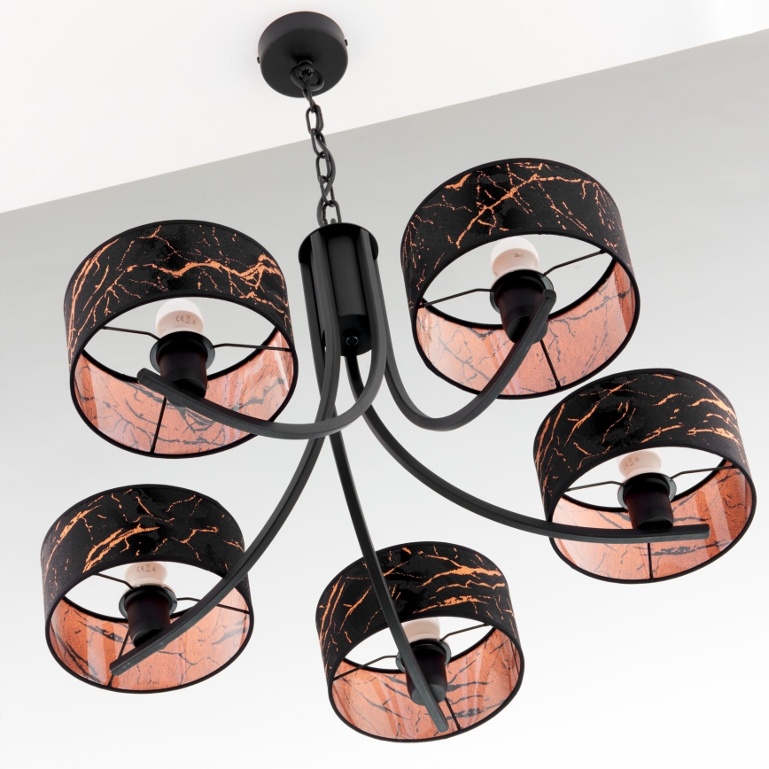 Jupiter 2107 - Lustre suspendu par chaîne ARTHUR 5xE27/15W/230V noir/orange/décor marbre