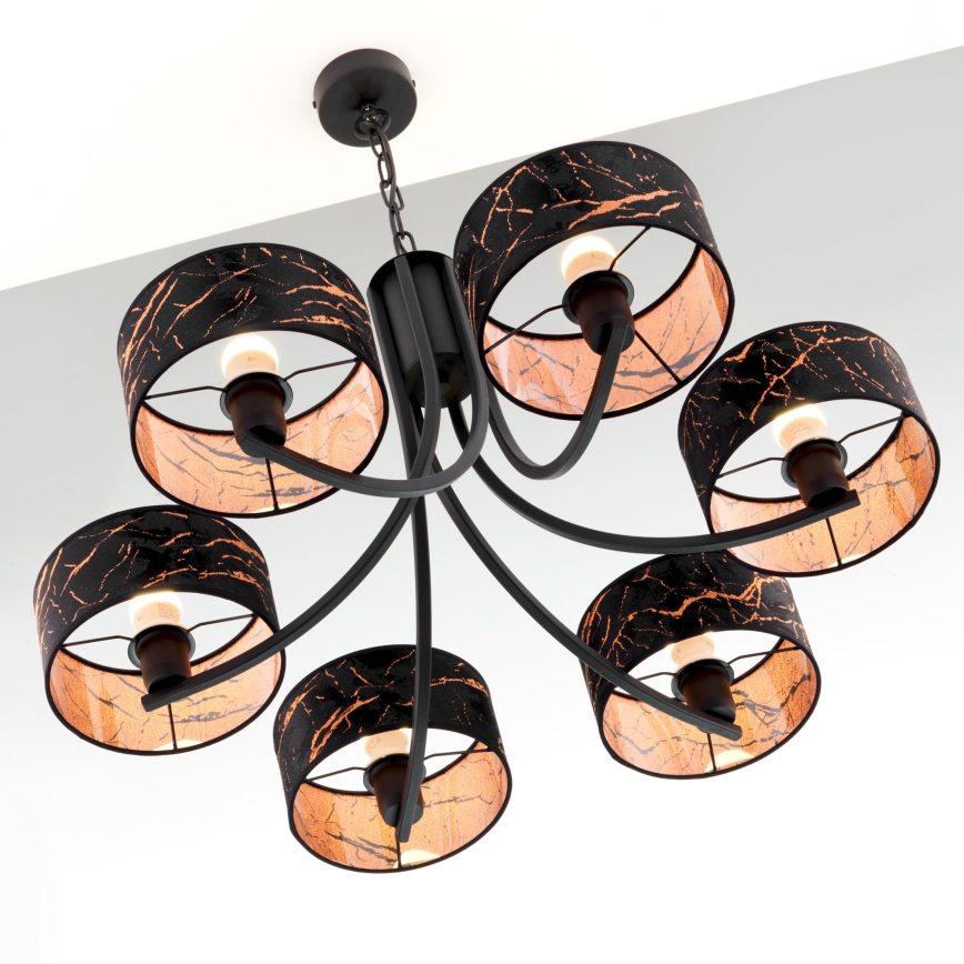 Jupiter 2108 - Lustre sur chaîne ARTHUR 6xE27/15W/230V noir/orange/décor imitation marbre