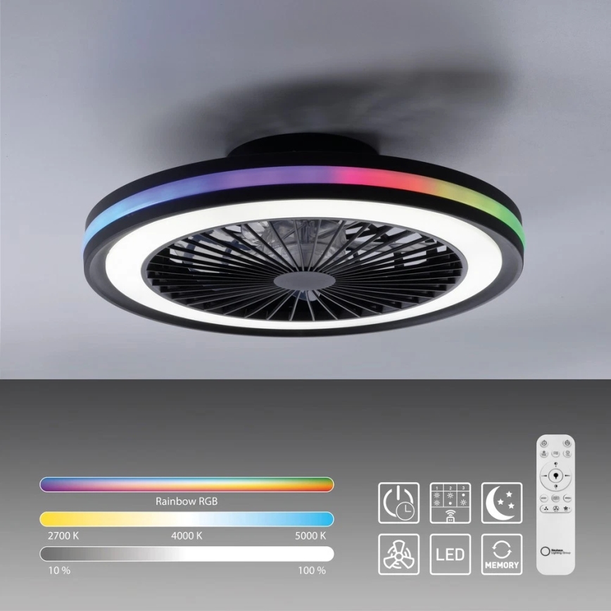 JUST LIGHT. 14649-18 - Ventilateur de plafond dimmable LED RGBW avec lumière BRANDON LED/36W/230V 2700-5000K Ø 46,5 cm noir + télécommande