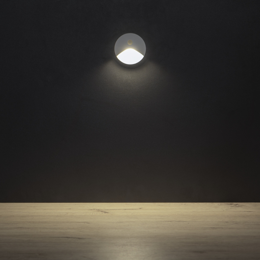 Luminaire LED pour escalier EXIN avec détecteur de mouvement et capteur crépusculaire, LED 2,5 W, 230 V, 4000 K, IP65, blanc, rond