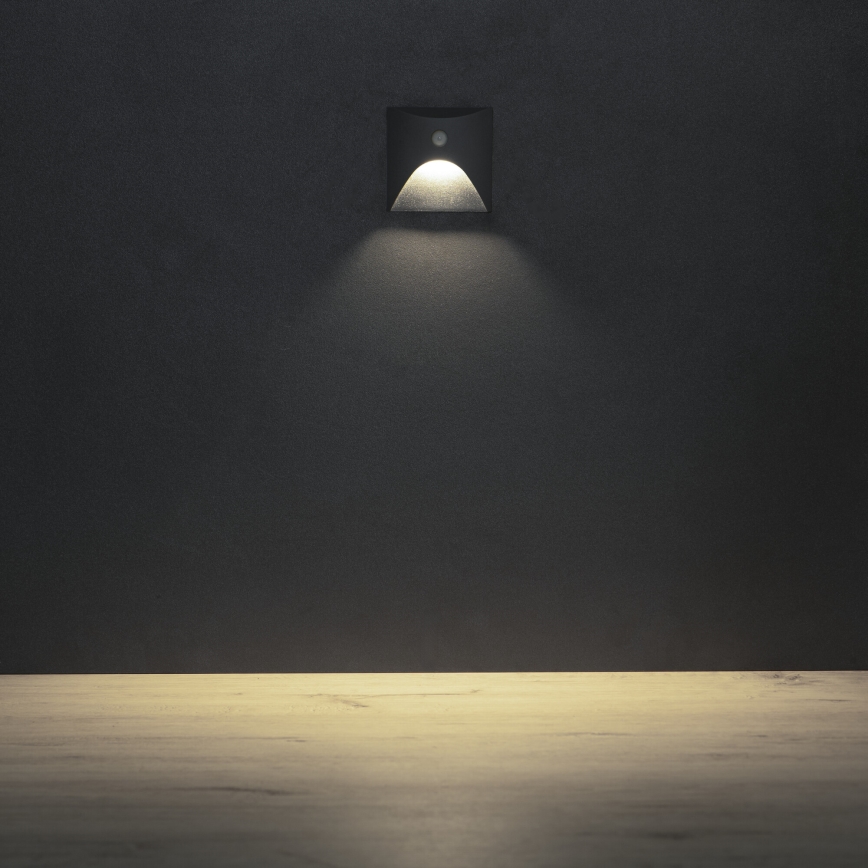 Luminaire LED pour escalier EXIN, avec détecteur de mouvement et capteur crépusculaire, LED/2,5W/230V 4000K IP65, finition anthracite, forme carrée