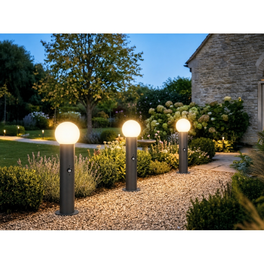 Lampe d'extérieur STONO 1xE27/15W/230V 80 cm IP65 anthracite, équipée d'un détecteur de mouvement et d'un détecteur crépusculaire