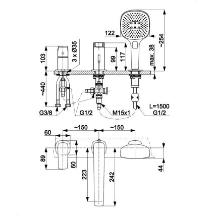 KFA Armatura 4525-210-00 - Mitigeur de baignoire 3 trous MALAGA, chrome brillant