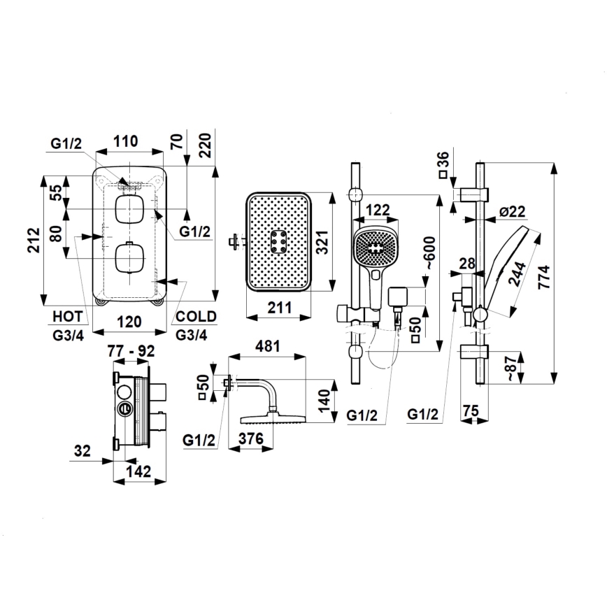 KFA Armatura 5759-301-31 - Ensemble de douche MALAGA avec mitigeur thermostatique encastré, finition dorée brossée