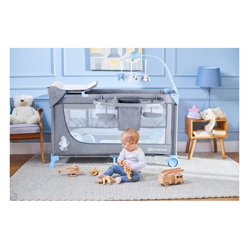 KINDERKRAFT - Berceau de voyage JOY avec accessoires gris-bleu